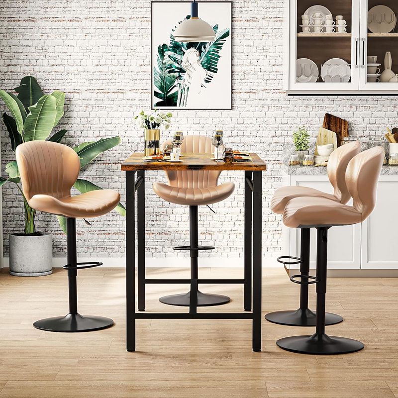 Beige Faux Leather Adjustable Swivel Bar Stools Set of 2