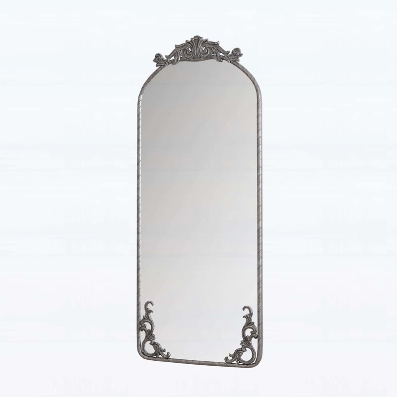 58x24 Inch Arched Full Body Mirror with Vintage Carved Applique, Antique Silver