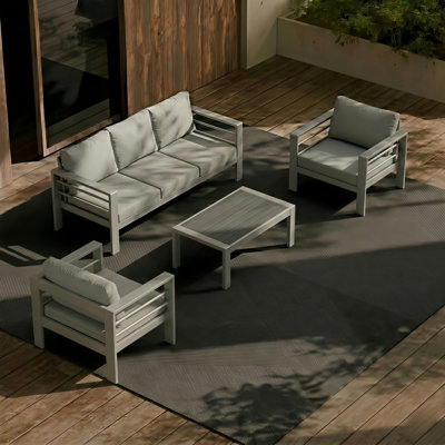 Judy 4-Piece Aluminum Patio Furniture Set with Imitation Wood Tabletop, Includes 2 Armchairs and 3-Seat Sofa