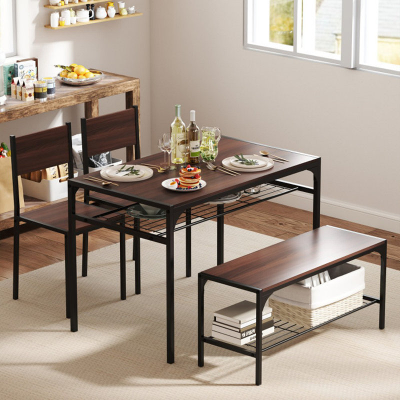 4 Piece Industrial Style Rectangular Kitchen Table with Bench and Chairs