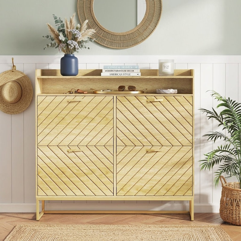 Natural Wood 4-flip Drawer Shoe Cabinet With Adjustable Shelves & Metal Legs