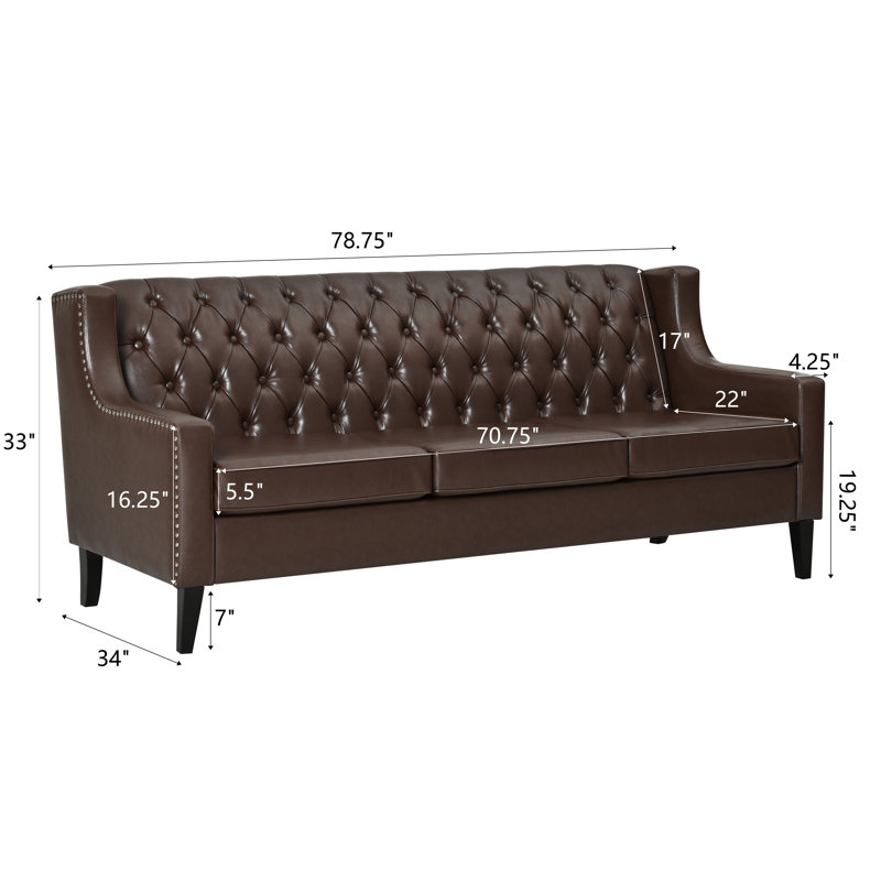 Canapé Chesterfield de 78,75 po avec dossier capitonné et pieds en bouleau, Brun, PU