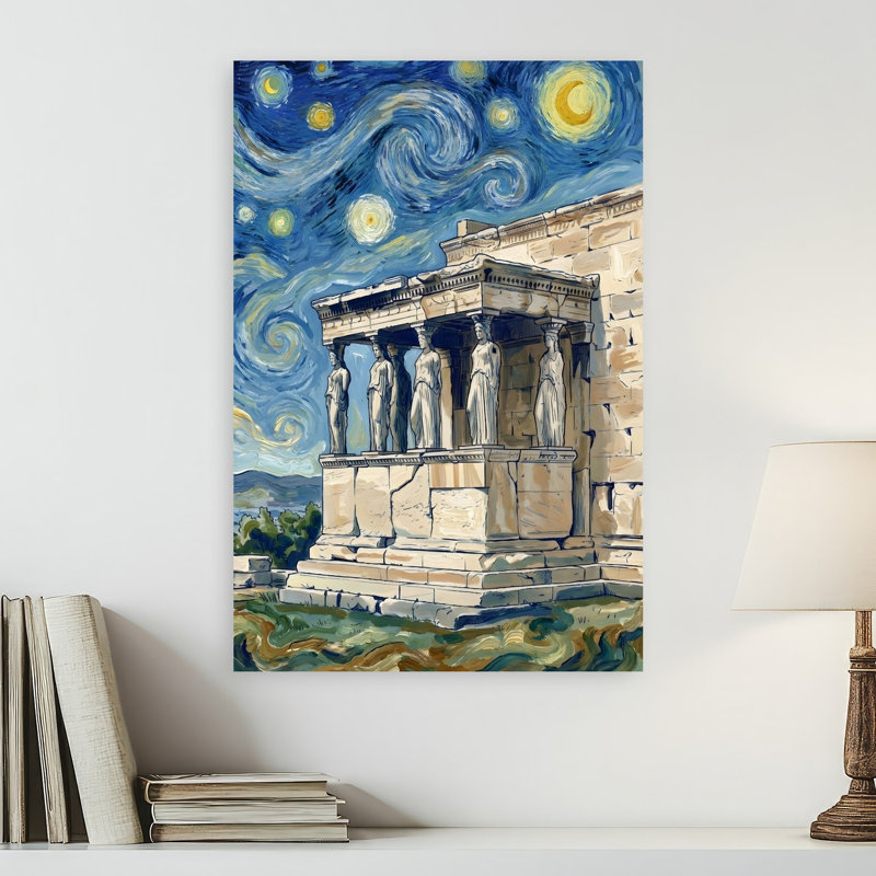 Caryatids Under Starry Sky Classic Colorful Dramatic Architecture Landscape Wall Art Print by HUGO - Wrapped Canvas Print