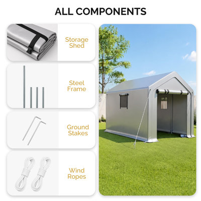 8 x 10 ft Heavy Duty Outdoor Storage Shed, Silver PE Portable Garage with Roll-up Mesh Windows & Roll Door, Galvanized Steel Frame Weatherproof Shelter for Bikes, Garden Tools & ATV