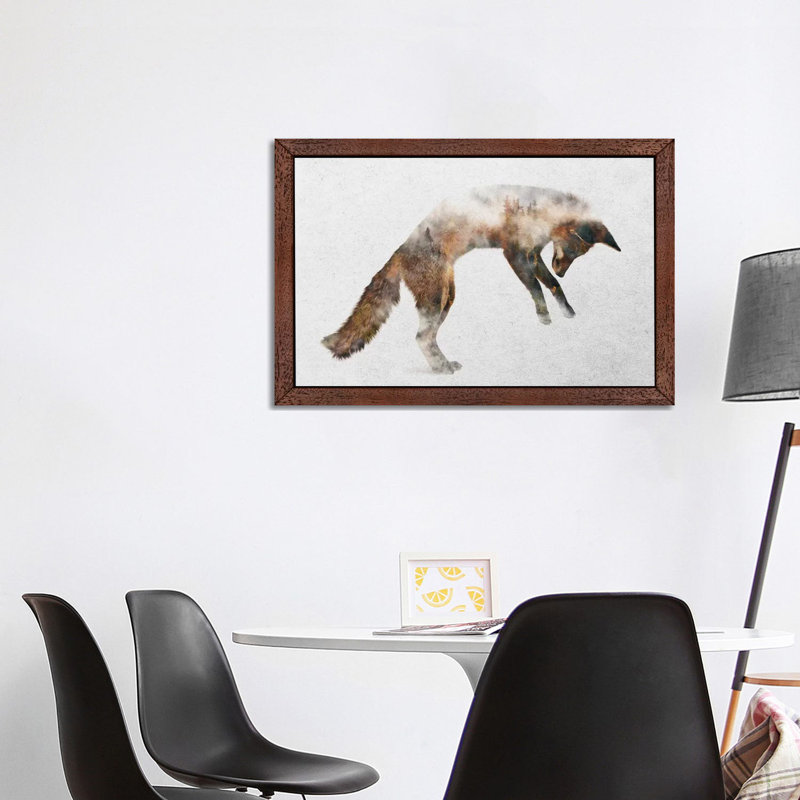 Jumping Fox by Andreas Lie - Print on Canvas, 30.48 cm H x 45.72 cm W, Brown Framed