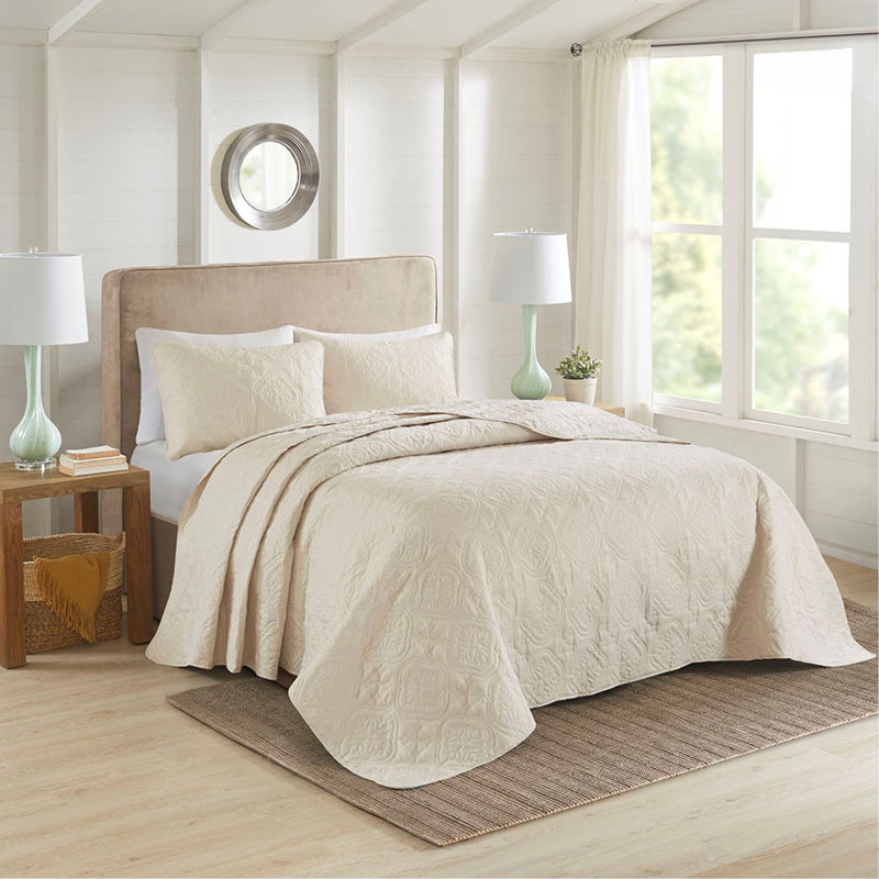 Ensemble de couvre-lit réversible 3 pièces pour grand lit, Crème, Couvre-lit de grande taille et 2 taies décorative