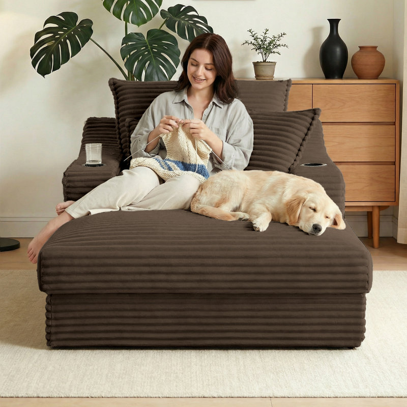 47.2" W Compression Corduroy Chaise Lounge, Deep Seat Sofa with Cup Holder and Storage Bag, No Assembly Required, Brown