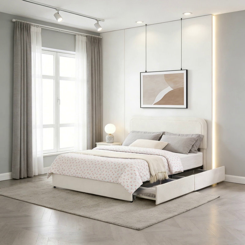 Grand lit plateforme tapissier ivoire