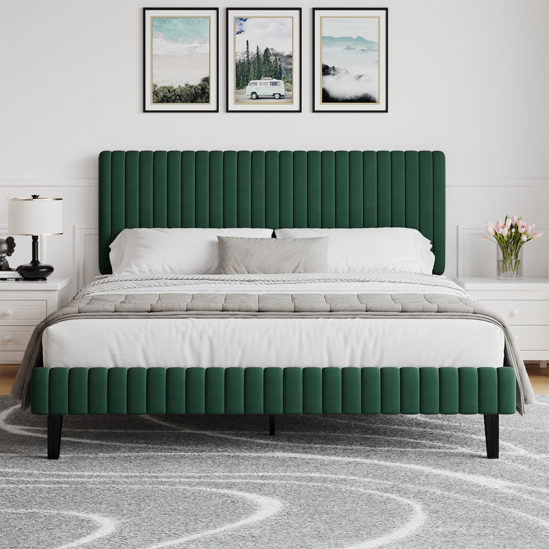 Velvet Upholstered Platform Bed Headboard and footboard with soft-padded vertical channel quilting, Queen, Green
