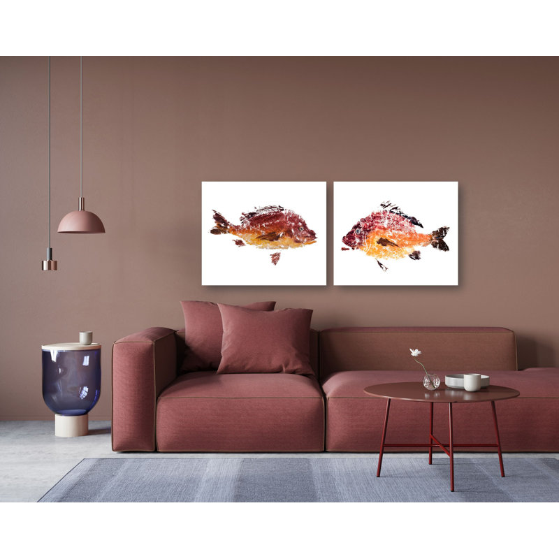 Red Fish Set by John Beard - Artist Enhanced Canvas Print, 24" H x 40" W x 2" D, White