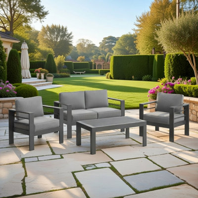 All-Weather 4-Piece Modern Metal Patio Furniture Set,  4-Seat Conversation Sofa With Thick Gray Cushions & Gray Frame And Coffee Table