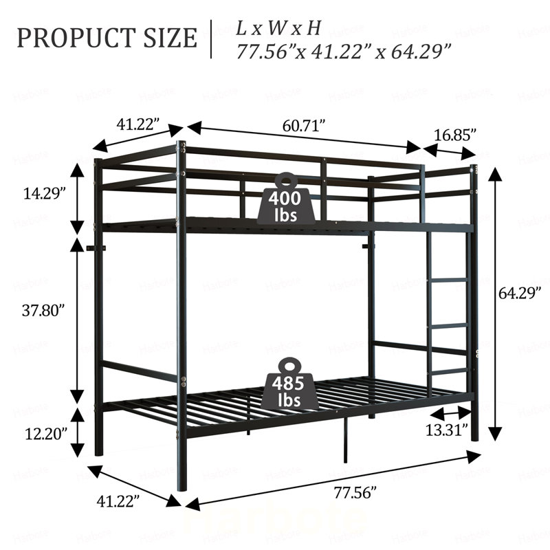 Lit superposé simple au-dessus de simple en métal robuste - charge maximale de 485 lb, structure en acier renforcé avec garde-corps de 14 po de hauteur, structure de lit robuste et peu encombrante pour enfants, adolescents, adultes, sans sommier tapissier