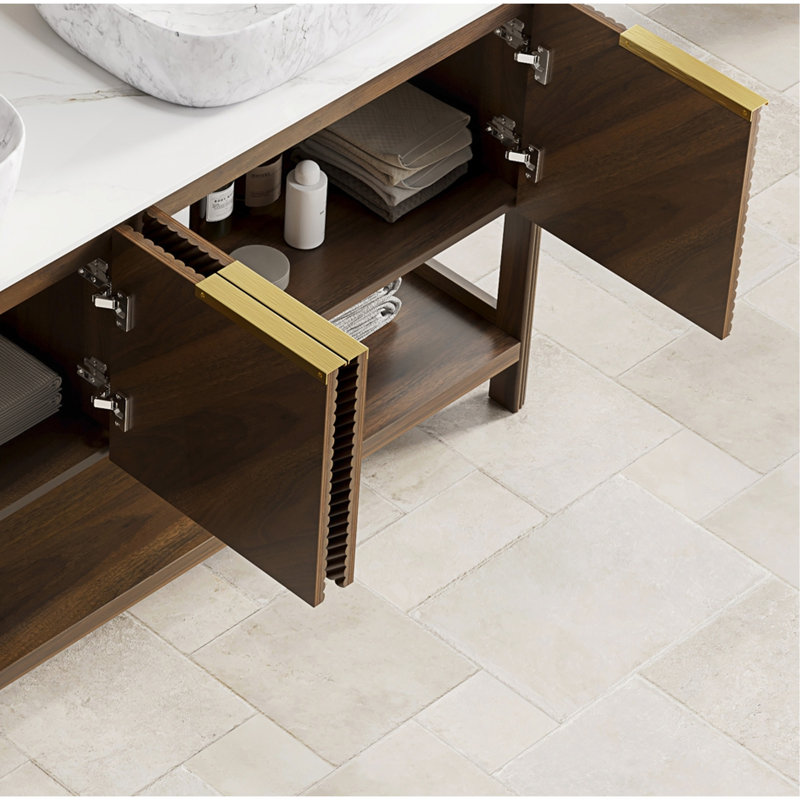 Armoire autoportante 60 po avec 4 portes et tablette ouverte, plateau en pierre frittée blanche, sans lavabo, sans robinet et bonde, noyer foncé