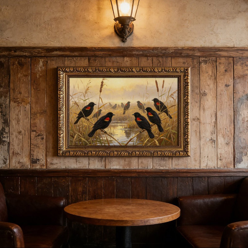 Oiseaux noirs sur des roseaux - Cadre mural vintage orné - Cadre décoratif doré pour œuvres d'art., L 12 po x l 18 po