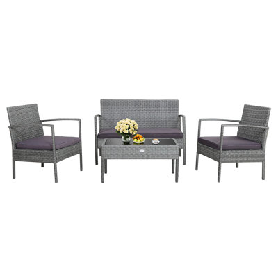 Ashlay 4pcs Rattan Patio Conversation Set Outdoor Wicker Furniture Set W/ Cushions