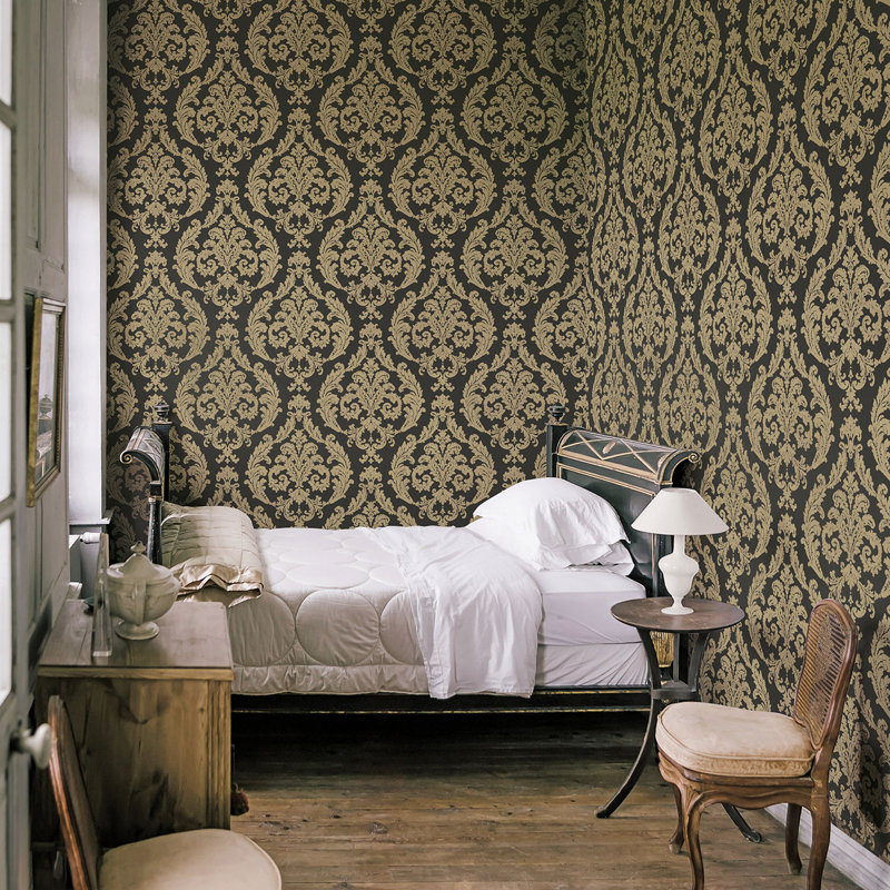 Palazzo 2 Silk Damask Wallpaper Roll, Black