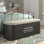 Banc de rangement en métal Thelonius avec dessus en toile de jute crème et typographie champagne