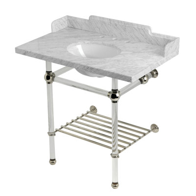 Kingston Brass Pemberton 36-Inch Carrara Marble Console Sink with Acrylic Legs and Shelf (8-Inch, 3-Hole)