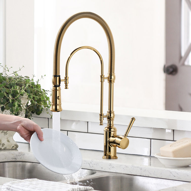 ALEASHA KB122009G-AS Pull Out Gooseneck High-Arc Kitchen Faucet Finish: Brushed Gold