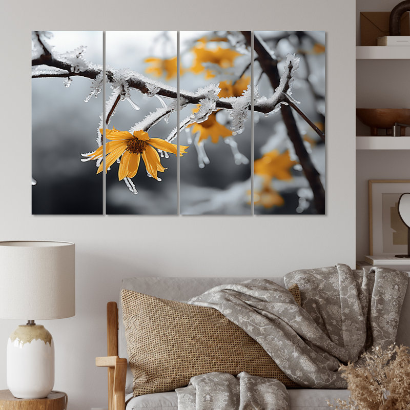 Élégance congelée jaune et grise jaune sur toile, 4 pièces