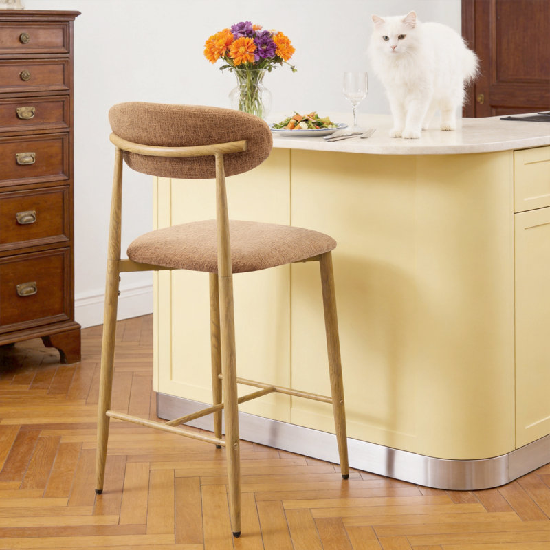 Tabouret de bar rembourré, hauteur du comptoir, avec structure en métal imitation bois et repose-pieds (lot de 1), Brun