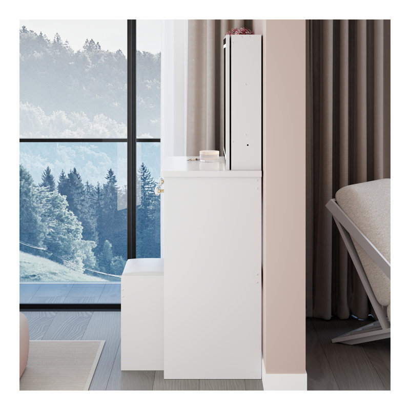 Meuble-lavabo de 37 po avec tabouret de chevet de taille moyenne 37 po + tabouret rembourré, très grand miroir coulissant à droite, rangement multi-couches grande capacité, commode pratique et pratique, convient aux grands espaces