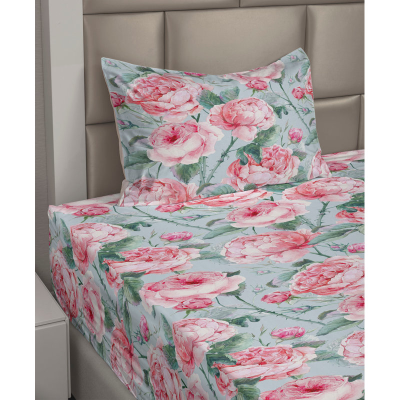 Ambesonne Floral Sheet Set Pastel Pink Peony Flowers Pale Blue Pastel Pink, TwinXL Sheet Set with 1 Pillowcase