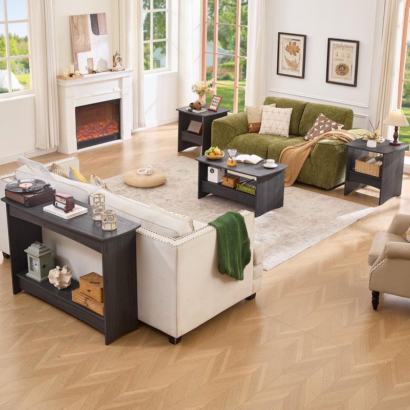 Table basse Farmhouse avec rangement ouvert à 2 niveaux et bords courbés, Gris foncé
