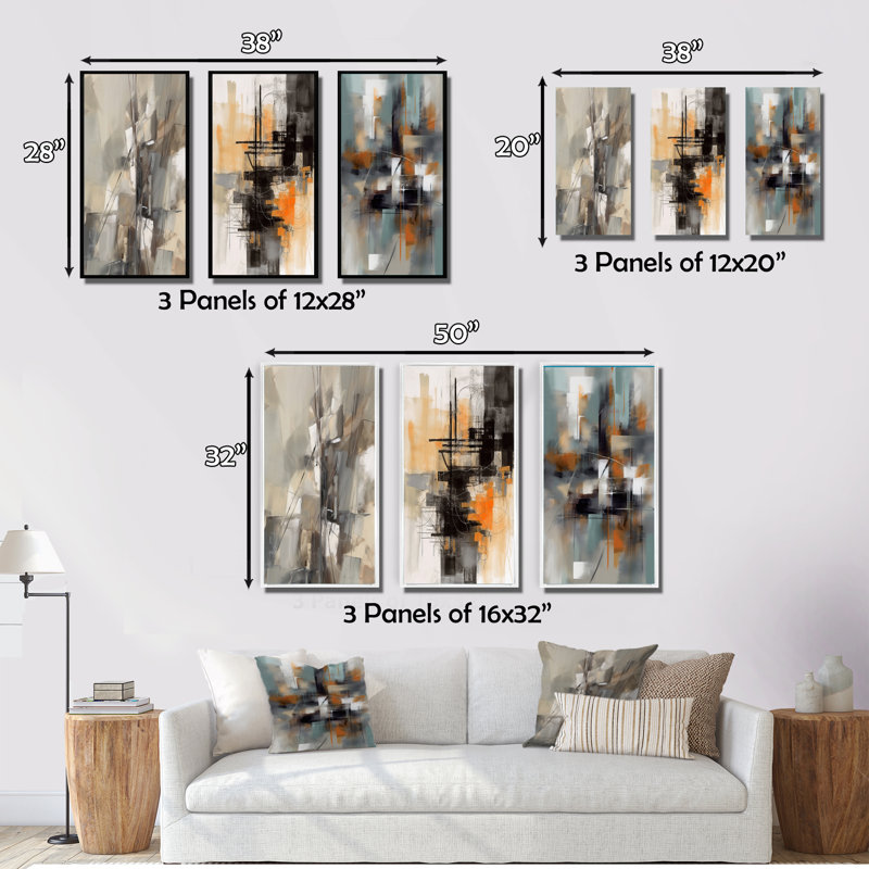 «Abstract Design Shapes», 3 pièces sur toile, Toile tendue, H 32 po x l 48 po