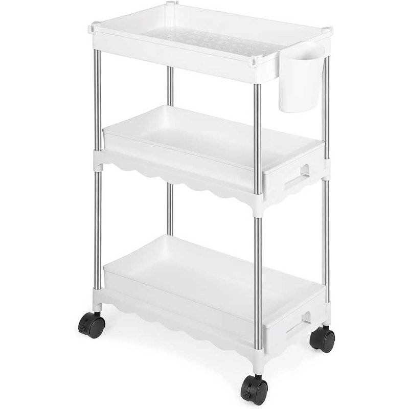 Table roulante étroite à 3 niveaux, chariot de rangement de cuisine mobile avec tiroirs, chariot utilitaire en plastique avec roues