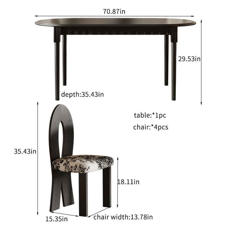 French retro solid wood dining table sets., 29.53"H x 70.87"L x 35.43"W