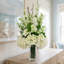 Delphinium, Hydrangea and Fern Floral Arrangement in Tall Glass Vase