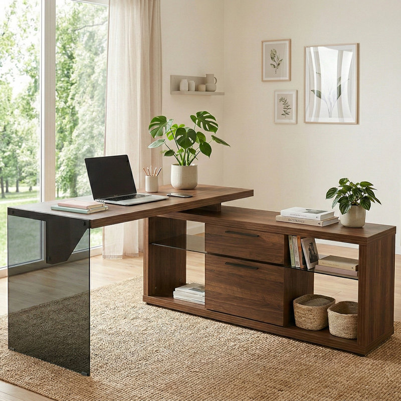 Watlington L-Shaped Writing Desk, Walnut/Grey Glass
