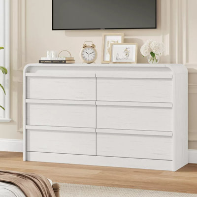 Commode arquée 6 tiroirs blanche, commode de rangement moderne en bois avec design incurvé