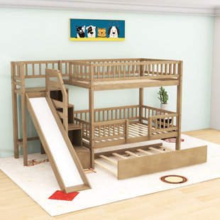 Twin over Twin Wooden Bunk Bed with Slide, Trundle and Stairs