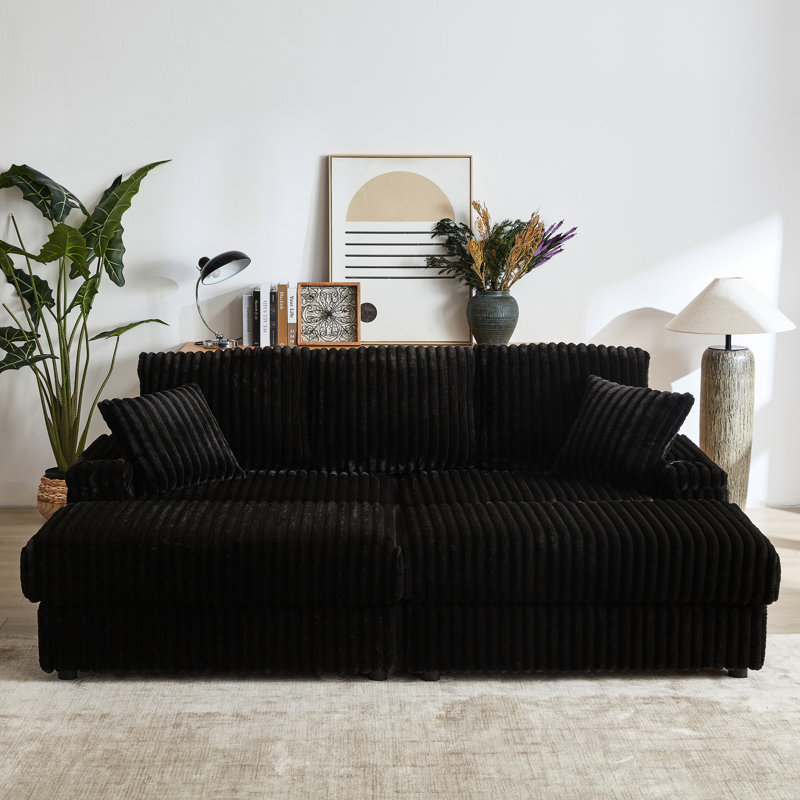 Canapé 3 places en velours côtelé de 213 cm avec coussins de dossier, 2 coussins décoratifs pour un confort optimal dans le salon, repose-pieds avec rangement et porte-gobelets, canapé à assise profonde et confortable