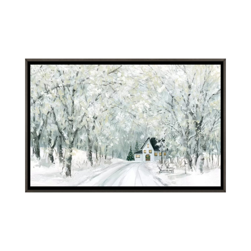 «Christmas Lane» par Carol Robinson - reproduction imprimée, Toile encadrée de bois rustique foncé, Pas de tapis