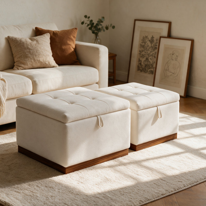Pouf de rangement carré capitonné de 67 cm avec couvercle relevable et base en bois massif, Grand, Beige