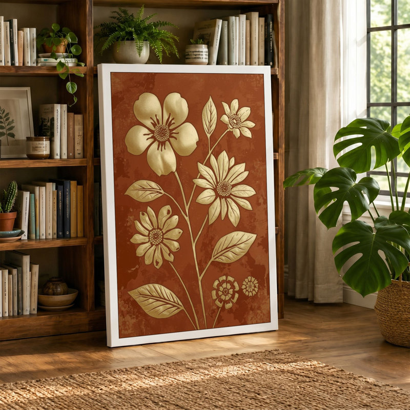 Study in Ochre Botanical - Wrapped Canvas, 30x20 - 76.2 x 50.8 cm, Teal Border