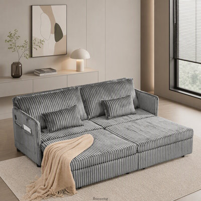 Canapé-lit convertible 3 en 1 de 185 cm (73 pouces) avec poche latérale et ports USB, en velours côtelé gris.