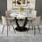 Table And Chair Set.42 Inch Diameter Round Tempered Glass Pandora Marble Patterned Dining Table - V-Shaped MDF Legs.Paired With 4 Gray Artificial PU Chairs With Curved Widened Cushion Design.