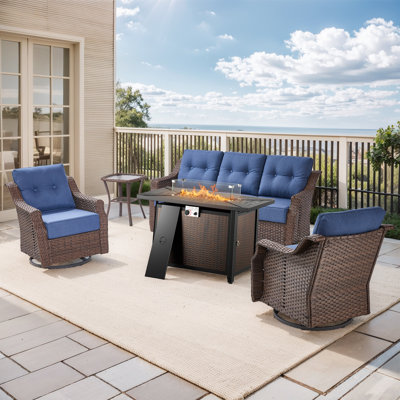 Circlarmino 5-Piece Outdoor Wicker Patio Conversation Set With Rectangle Metal Fire Pit, Swivel Gliders And Side Table For Patio