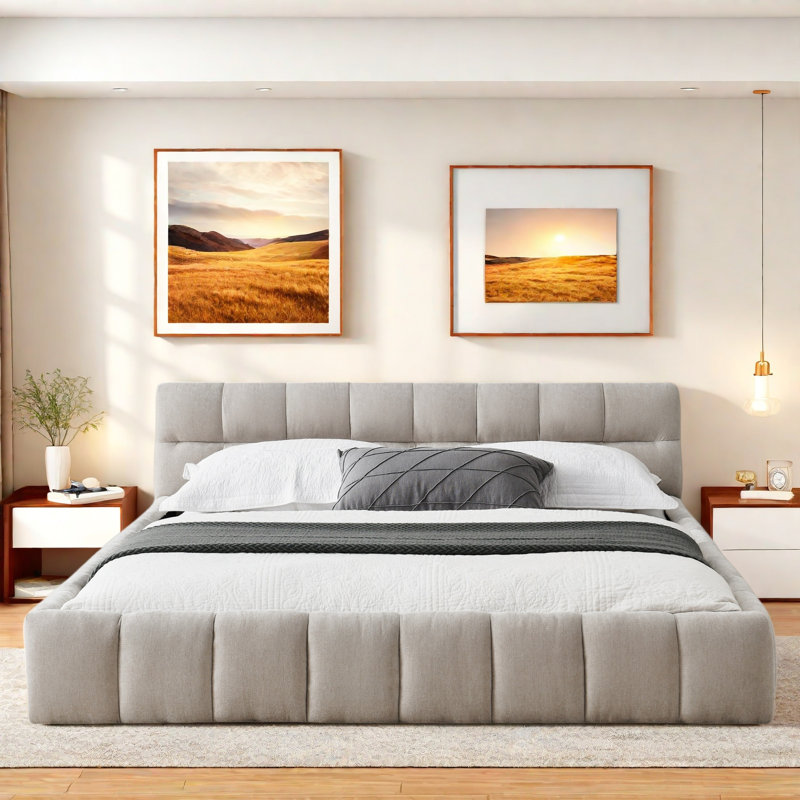 Upholstered Grounded Bed With Thick Fabric, Queen, Beige