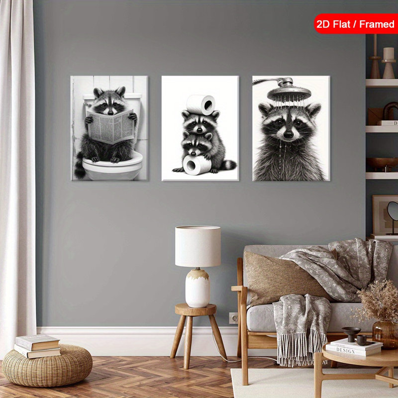 «Raccoon Bathroom», reproduction sur toile 3 pièces pour une décoration ludique de la salle de bain, 16*12 inch 3pcs