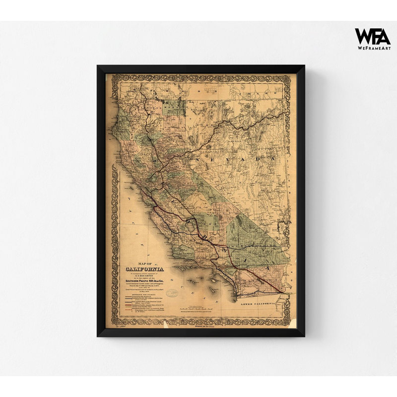 «California Southern Pacific 1876», reproduction de carte antique de la Californie, affiche du Pacifique, bibliothèque murale rustique, décor de bureau à domicile ancien