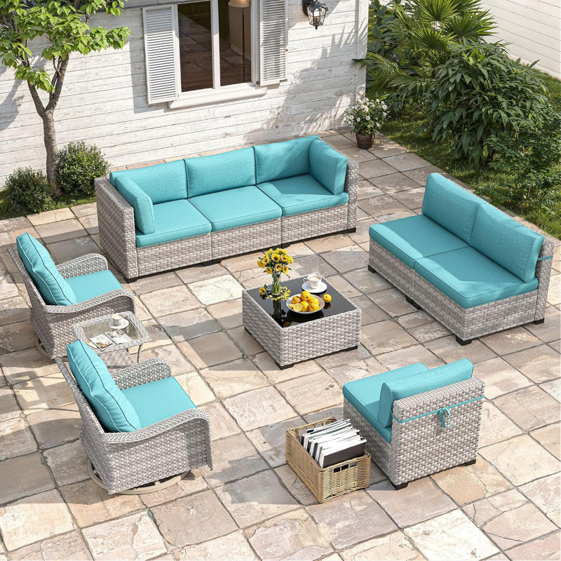 8 - Person Outdoor Rattan Furniture Patio Set with Cushions, Blue