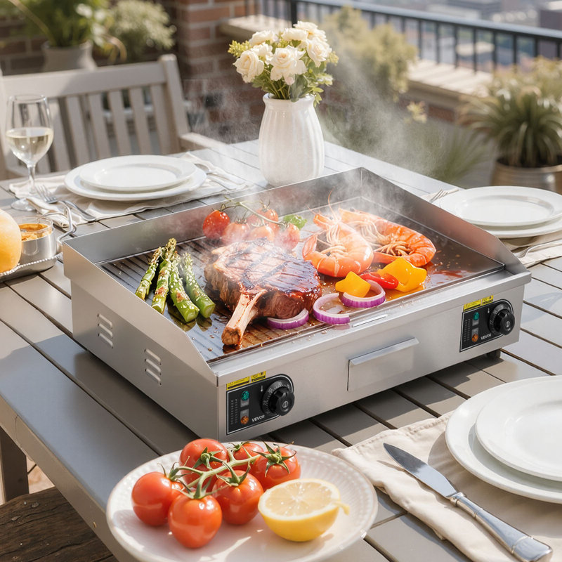 Commercial Electric Griddle, 28.54 x 15.75 in, 2800W, 122-570°F Adjustable Temp Control, Stainless Steel, Half Grooved Half Flat, with 2 Spatulas, 2 Brushes, and 4 Foot Pads, for Steak(NO PLUG)