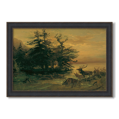 Wallowing Deer on the Shore of a Mountain Lake, c. 1850-Friedrich Gauermann-Custom Framed Canvas