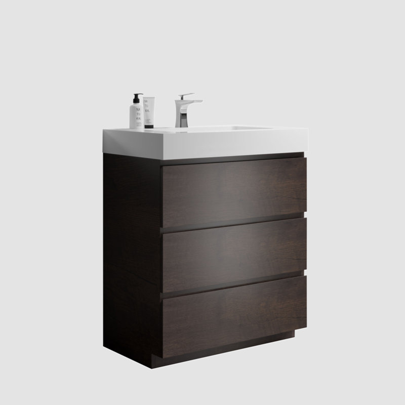 Sona 29.9 " W Freestanding Standard Free Standing 1 Single Vanity Bathroom Vanity With Ceramic Top, White, Walnut