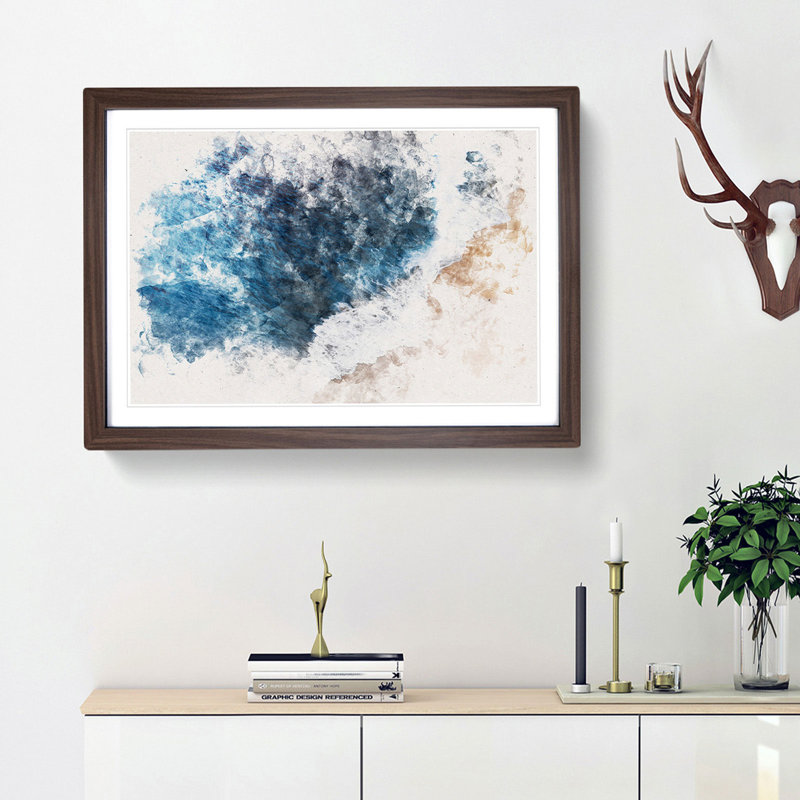 Waves On The Beach In Bali Watercolour - Framed Print, 35cm H x 50cm W x 2cm D, Walnut